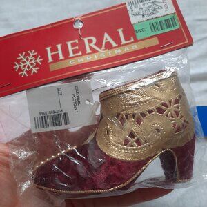 NWT Vintage Velvet Ornate Shoe Christmas Ornament Red Gold Heral